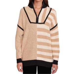 STAUD Hampton Quarter Zip Knit Sweater Oversized in Sahara Stripe Size S